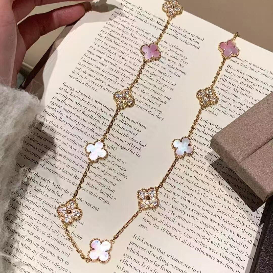 [Amore]CLOVER 20 MOTIFS DIAMOND PINK MOP NECKLACE