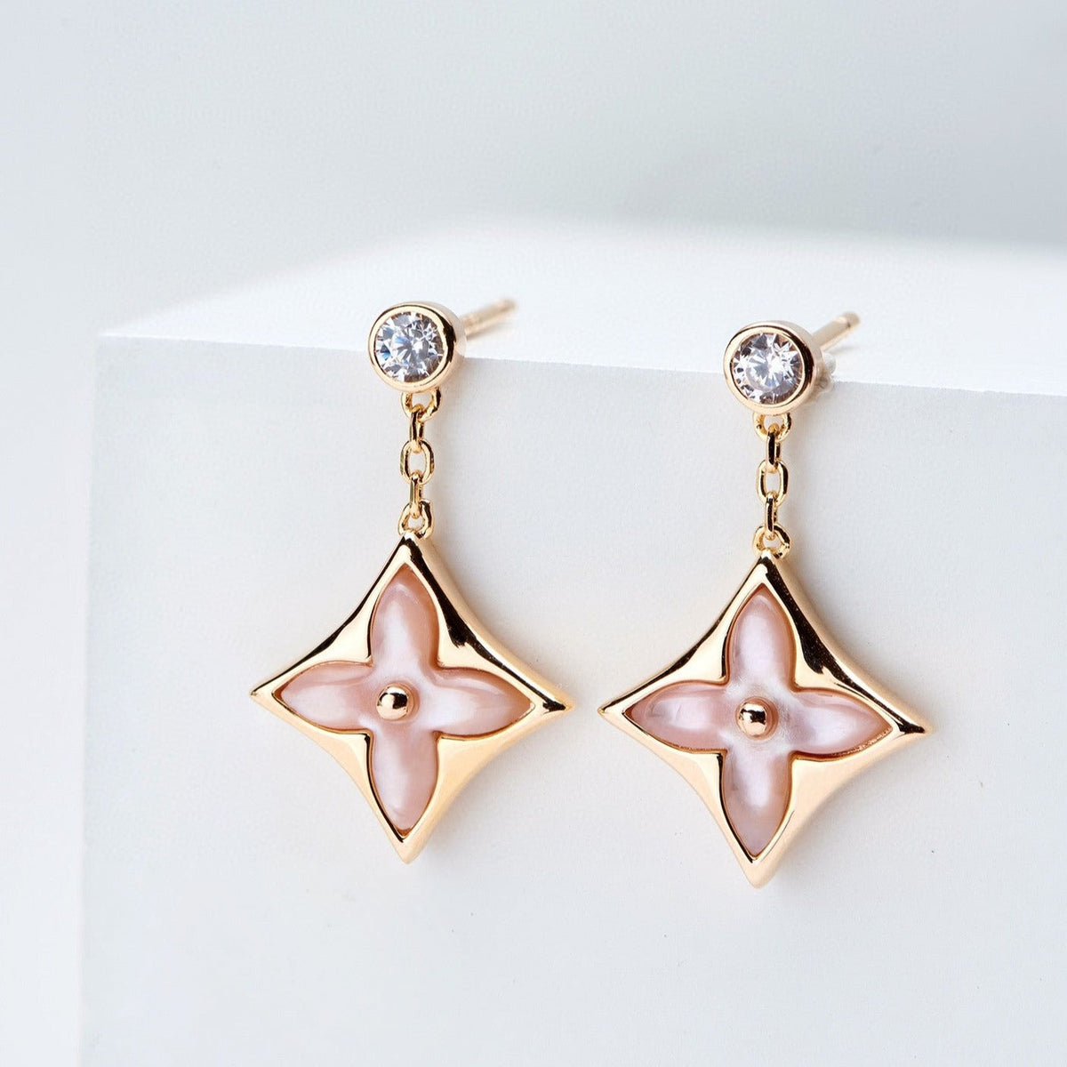 [Amore]DOUBLE STAR PINK GOLD MOP DROP EARRINGS