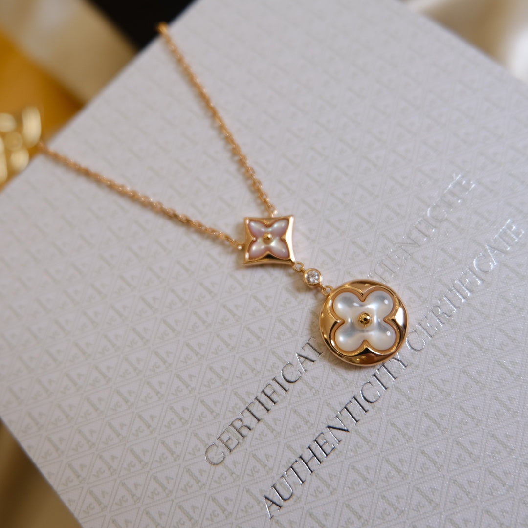 [Amore]STAR AND SUN WHITE MOP 2 MOTIF PINK GOLD NECKLACE