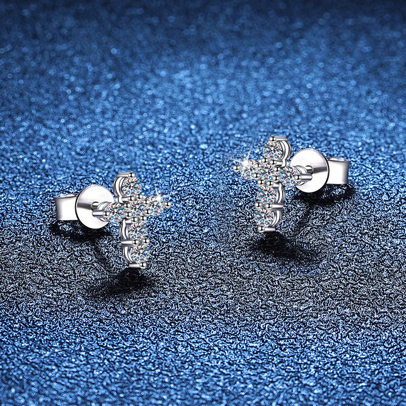 [Amore]SPARKLING CROSS MOISSANITE STUD EARRINGS