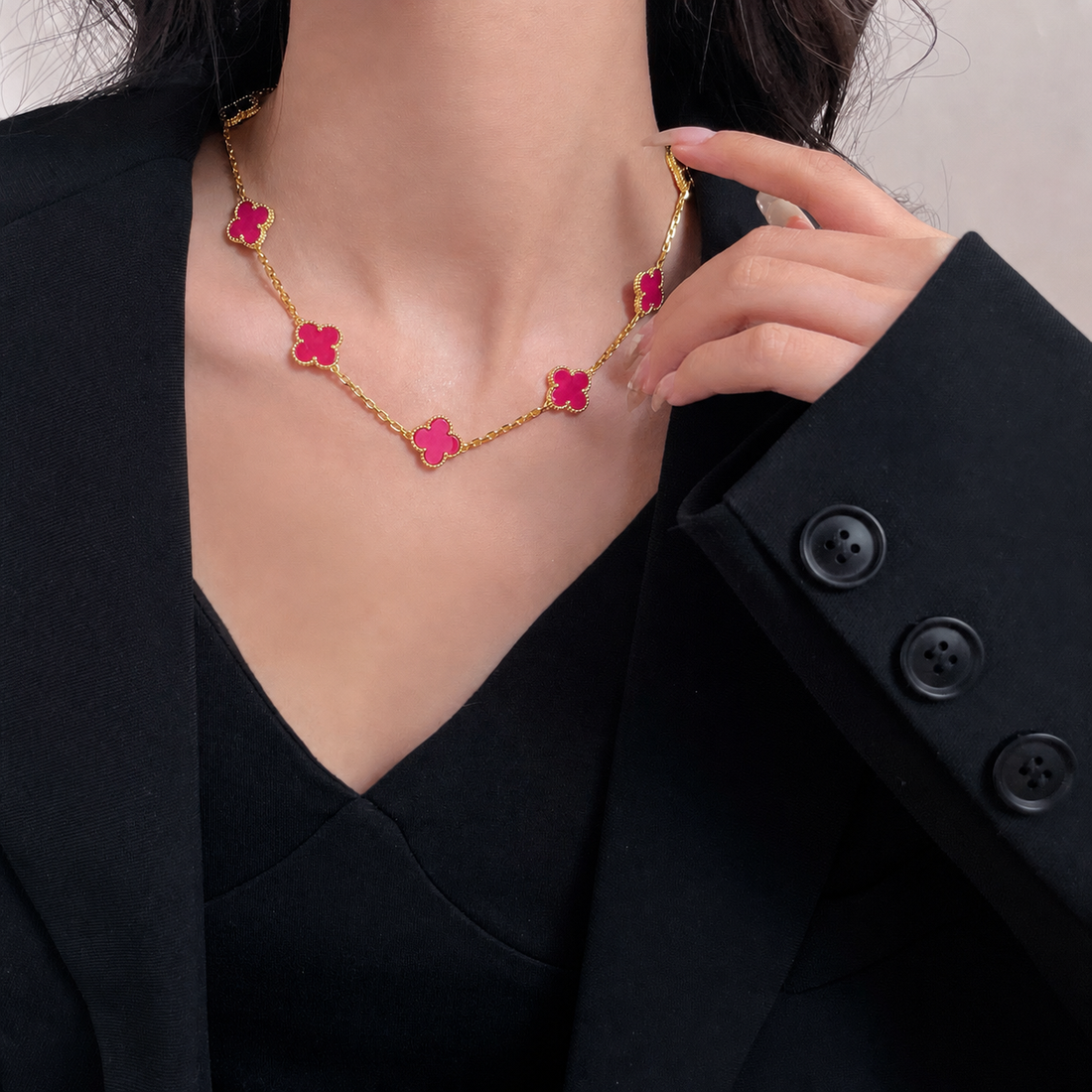[Amore]NEW CLOVER 10 MOTIFS PINK ENAMEL NECKLACE
