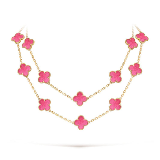 [Amore] NEW CLOVER 20 MOTIFS PINK ENAMEL NECKLACE