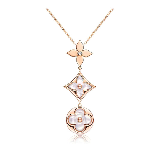 [Amore]COLOR BLOSSOM LARIAT NECKLACE PINK GOLD WHITE MOTHER PEARL AND DIAMOND