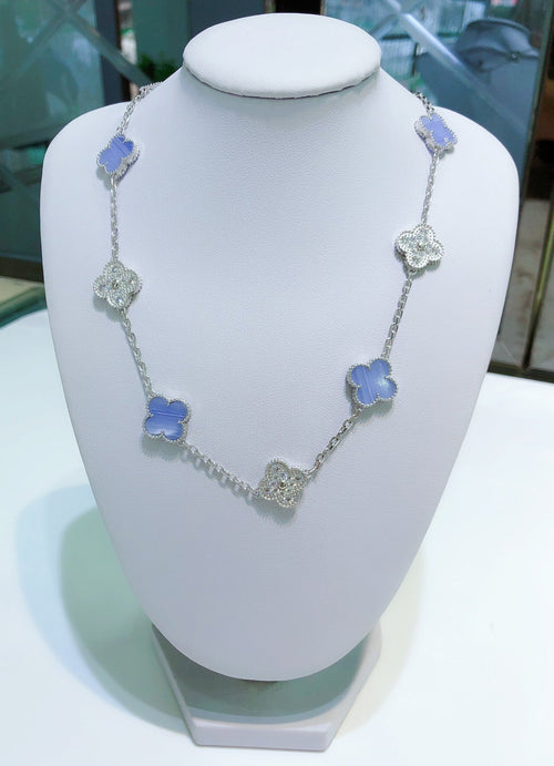 [Amore]CLOVER 10 MOTIFS CHALCEDONY DIAMONDS SILVER NECKLACE