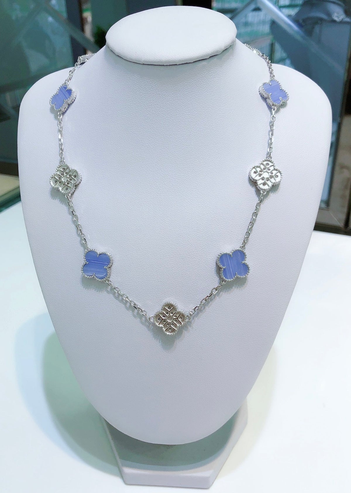[Amore]CLOVER 10 MOTIFS CHALCEDONY DIAMONDS SILVER NECKLACE